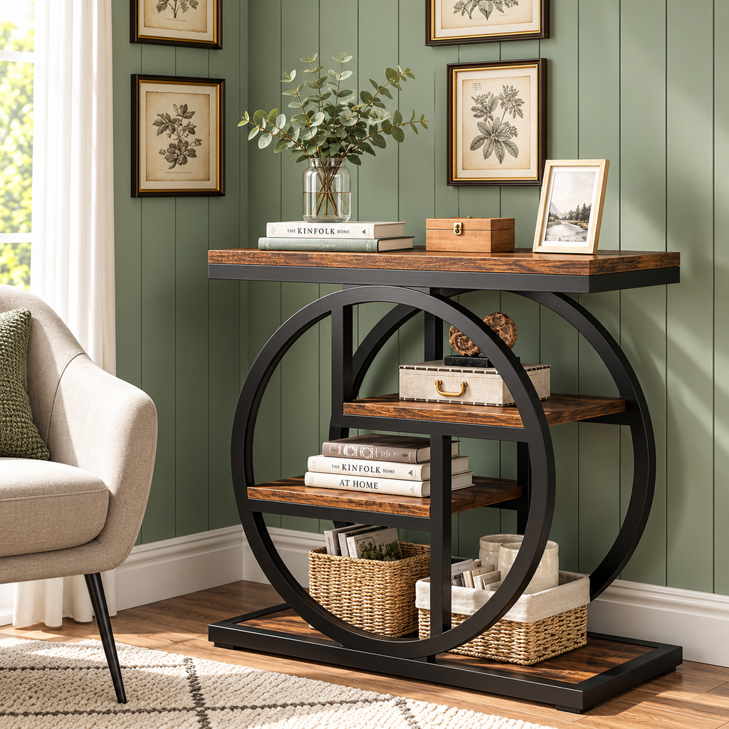 Two 4-tier narrow end tables styled with plants, books and decorative accessories