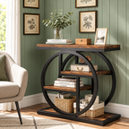 Two 4-tier narrow end tables styled with plants, books and decorative accessories