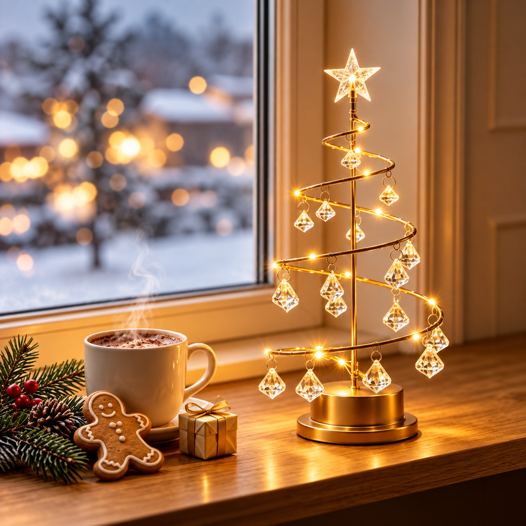 Gold crystal Christmas tree lamp with warm LED lights displayed on a wooden table in a cosy winter living room