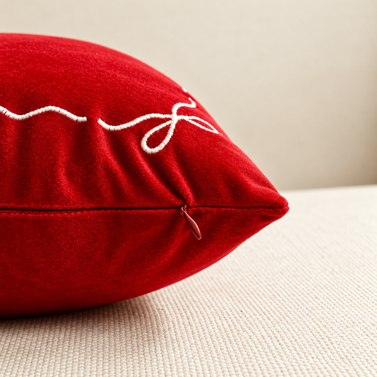 Close-up of the red Christmas pillow covers showing its fabric, stitched edge and zipper.