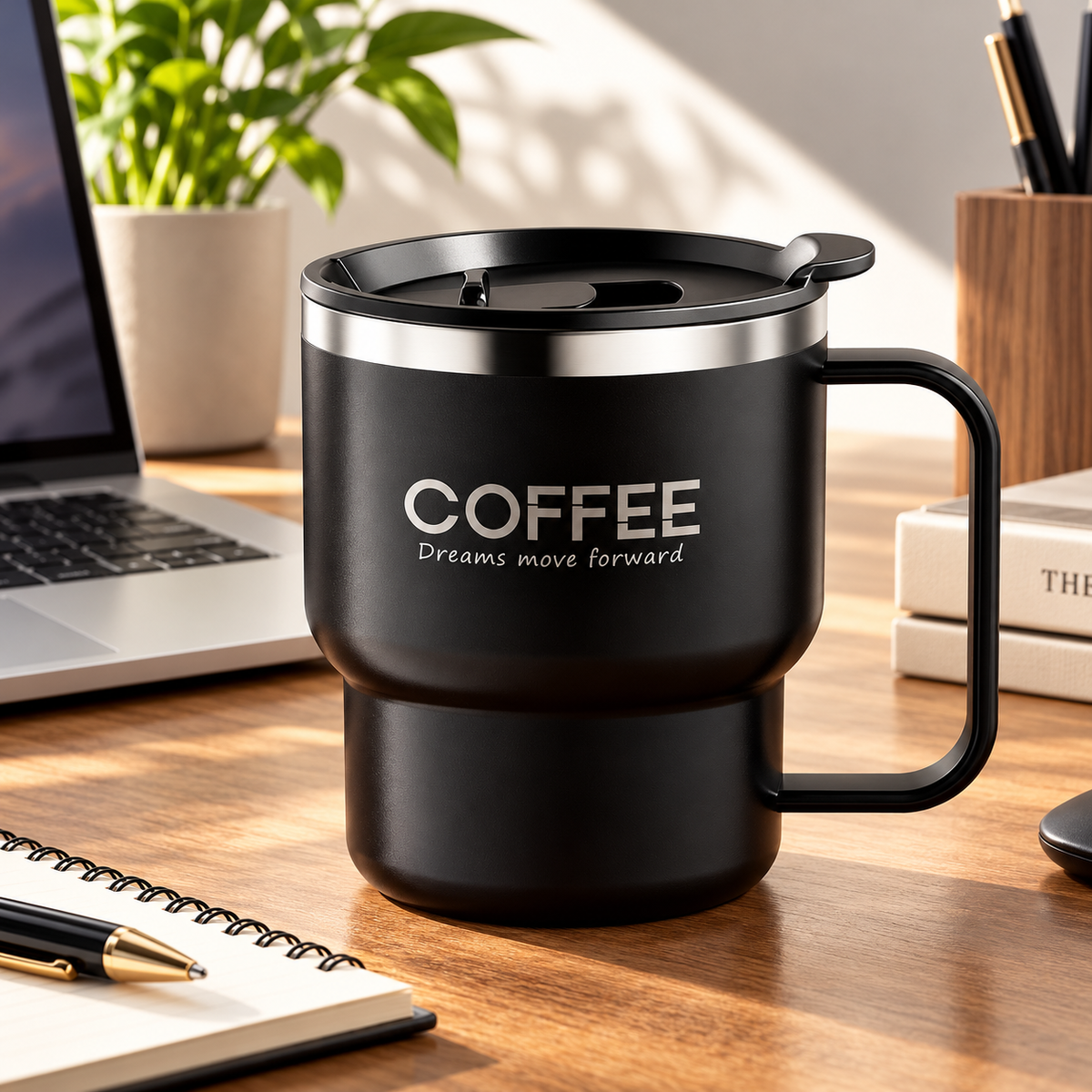 Insulated Coffee Mug with Lid & Handle – Stainless Steel in four stylish colors arranged on decorative pedestals