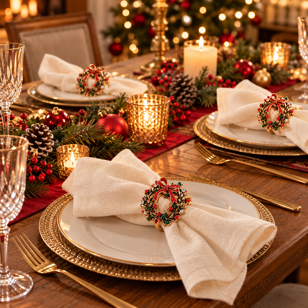 Christmas napkin rings displayed on neatly folded napkins with warm candlelight and holiday decorations