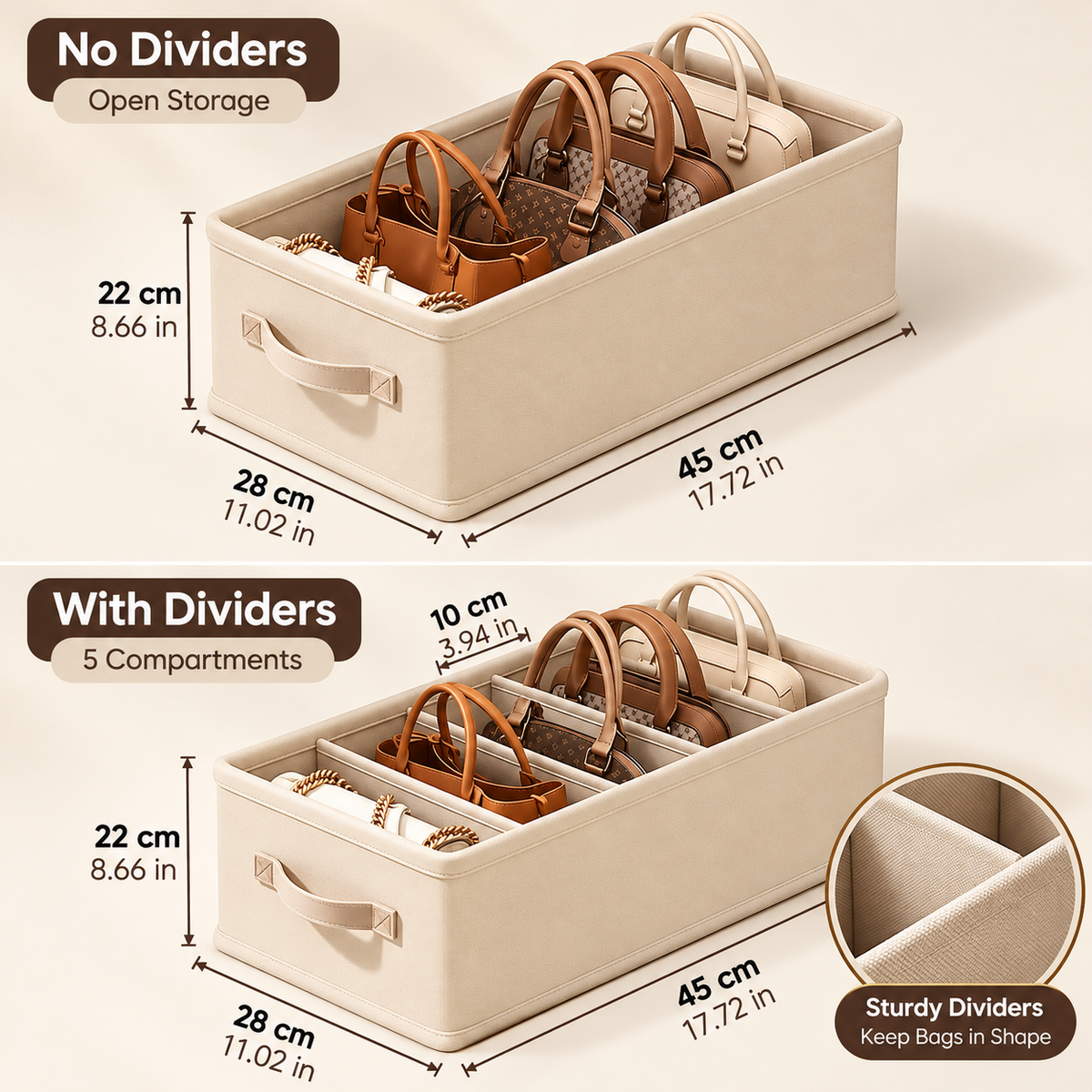Handbag storage organizer box measuring 45 x 28 x 22 cm with five compartments for organized storage