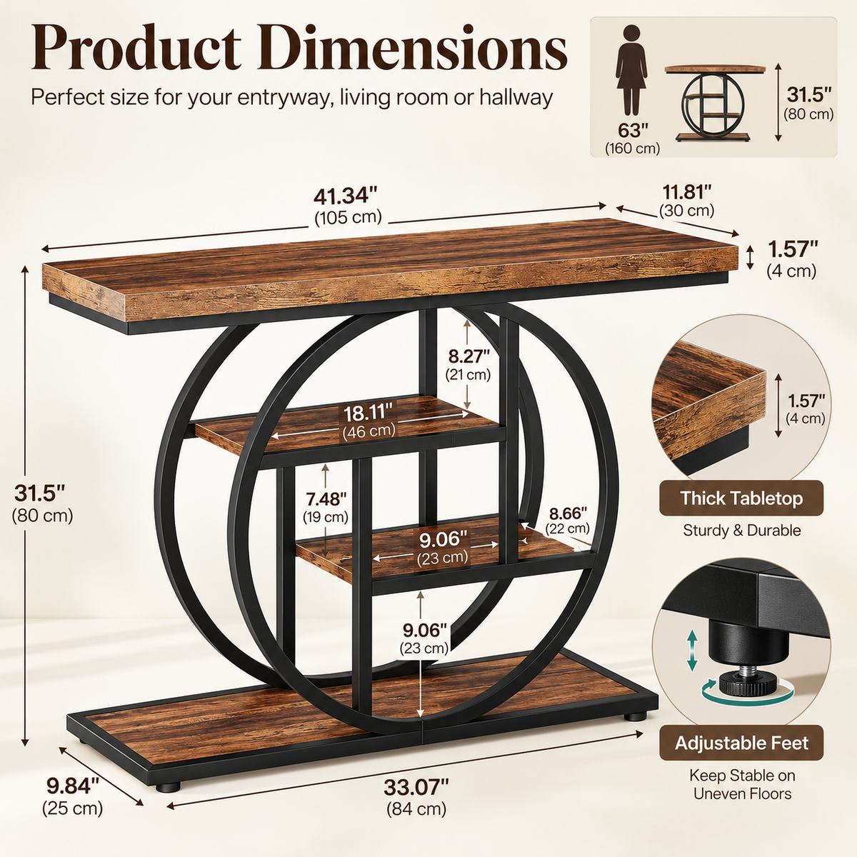 Industrial console table with decorative items arranged on its shelves in an entryway