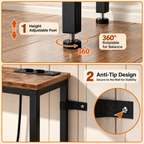 Slim rustic console table with charging station styled behind a sofa with Scandinavian home decor