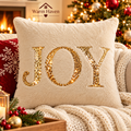 Gold Sequin Christmas Pillow Cover showing its soft cream plush fabric and finished cushion edge