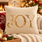 Gold Sequin Christmas Pillow Cover showing its soft cream plush fabric and finished cushion edge