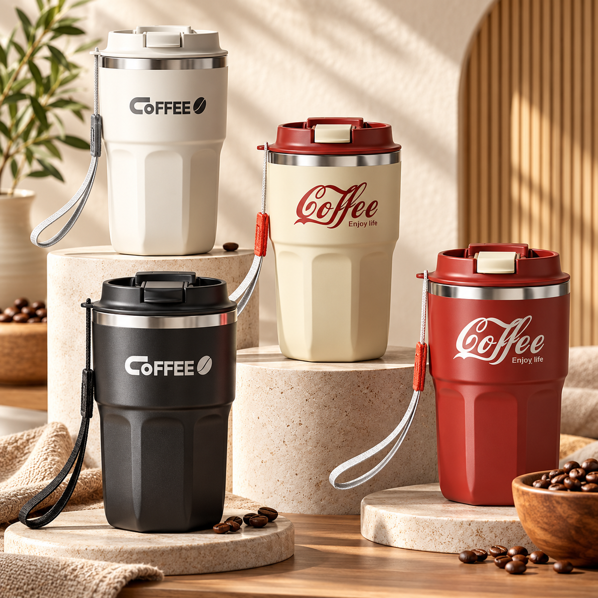 Insulated Coffee Mug with Lid & Handle – Stainless Steel in cream, black, white and red color options displayed together