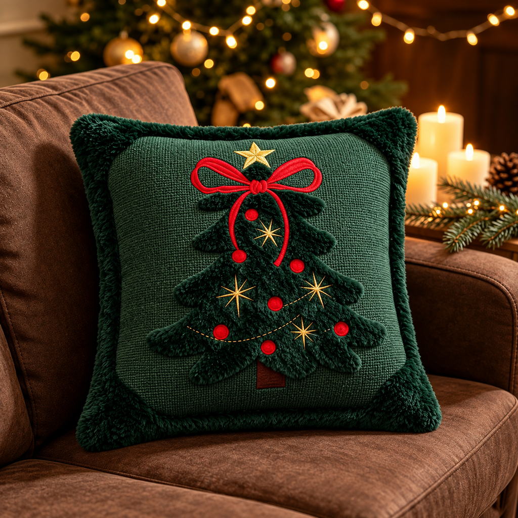 Embroidered Christmas pillow covers with a green Christmas tree design, red bow and gold embroidered details on a brown armchair.