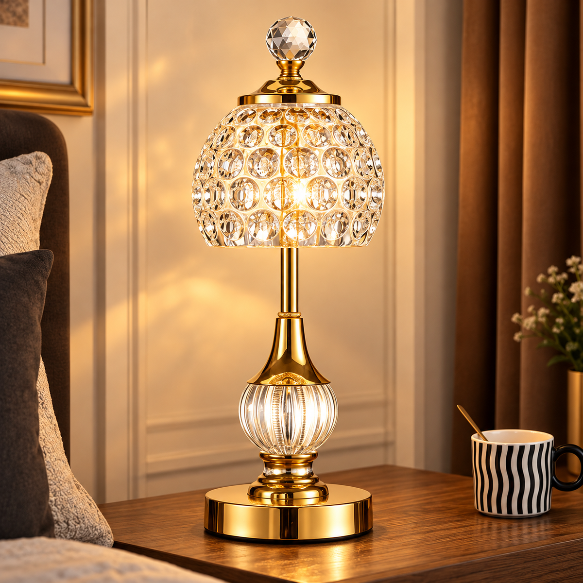Cordless crystal table lamps creating a warm atmosphere on an elegant bedside table