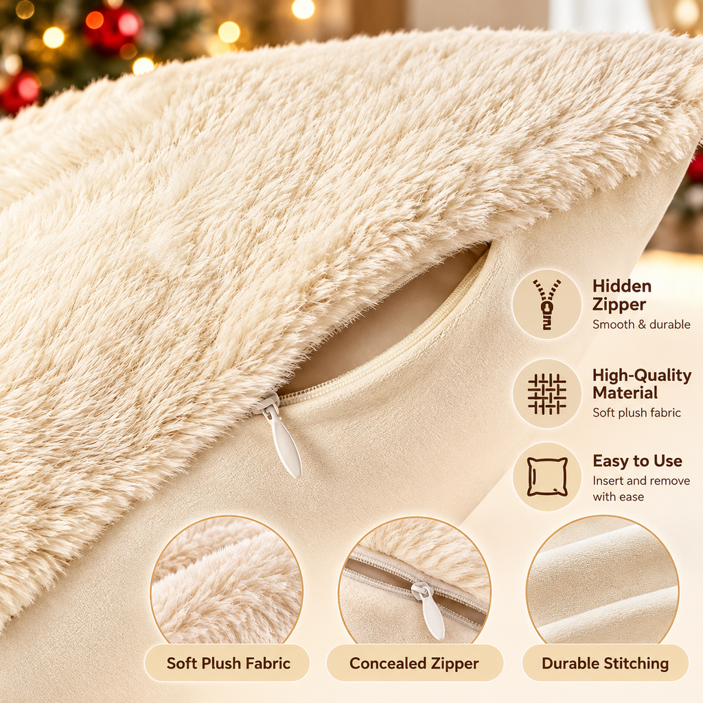 Close-up of a plush Christmas cushion covers showing its soft fabric texture and zipper detail.