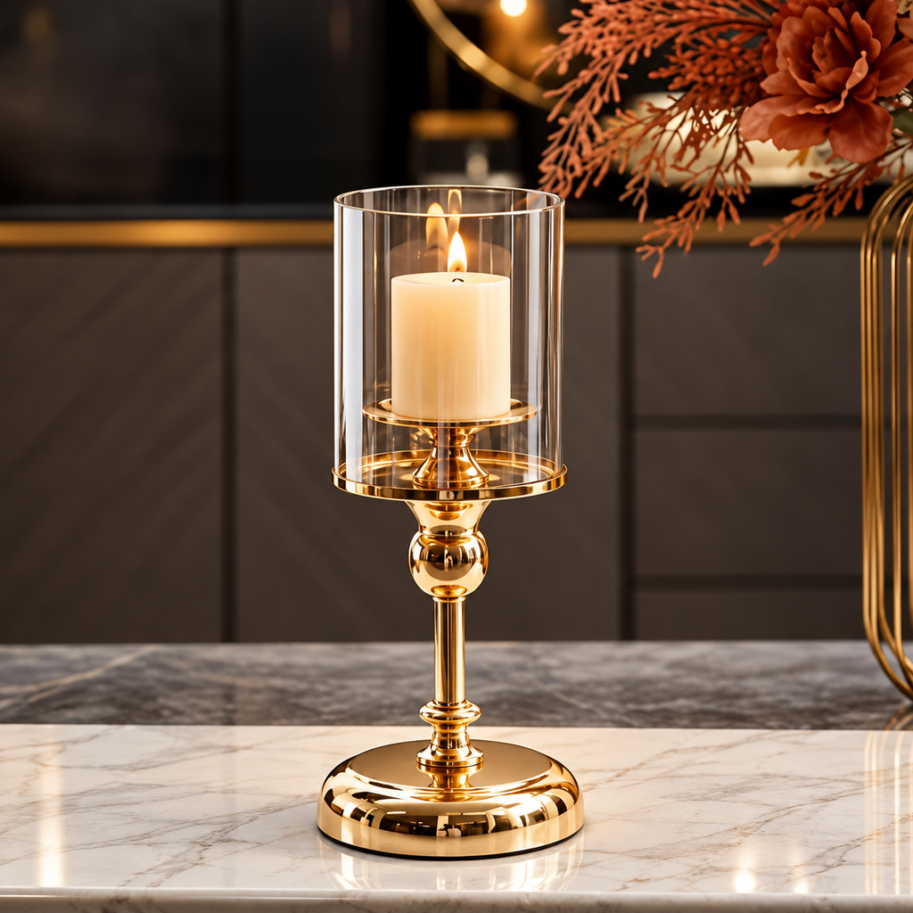 Single silver glass pillar candle holders with a clear glass cylinder and polished silver base
