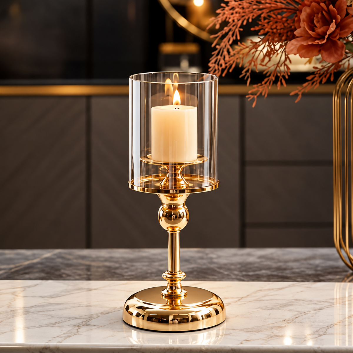 Single silver glass pillar candle holders with a clear glass cylinder and polished silver base