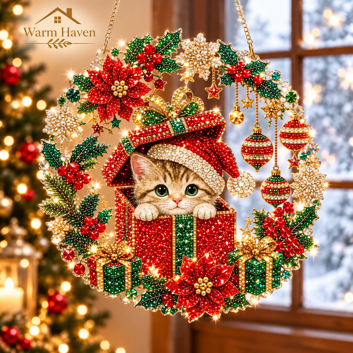 DIY Christmas hanging ornaments with a detailed festive house surrounded by Christmas greenery