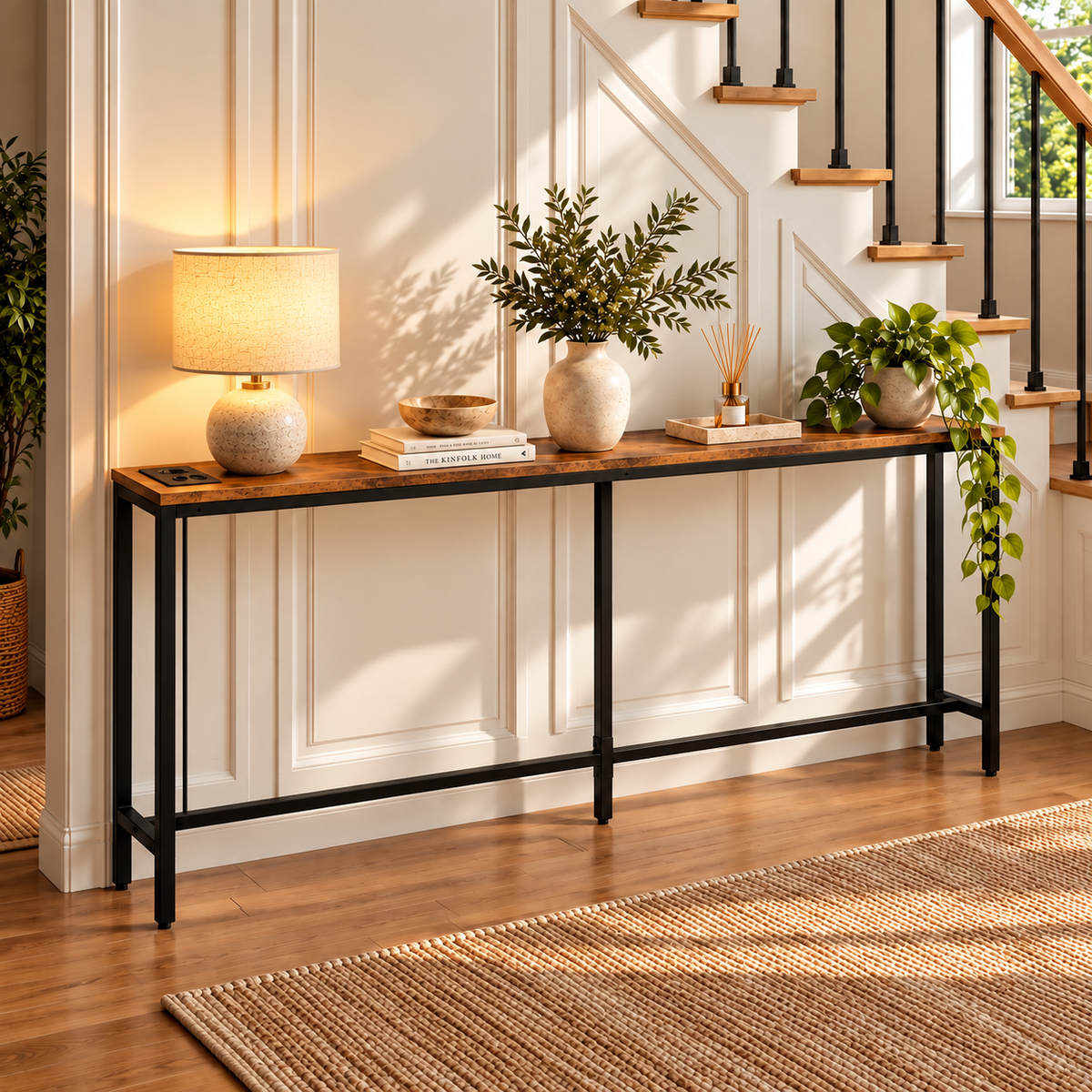 Rustic wood console table with charging station styled with Scandinavian decor in a bright modern interior