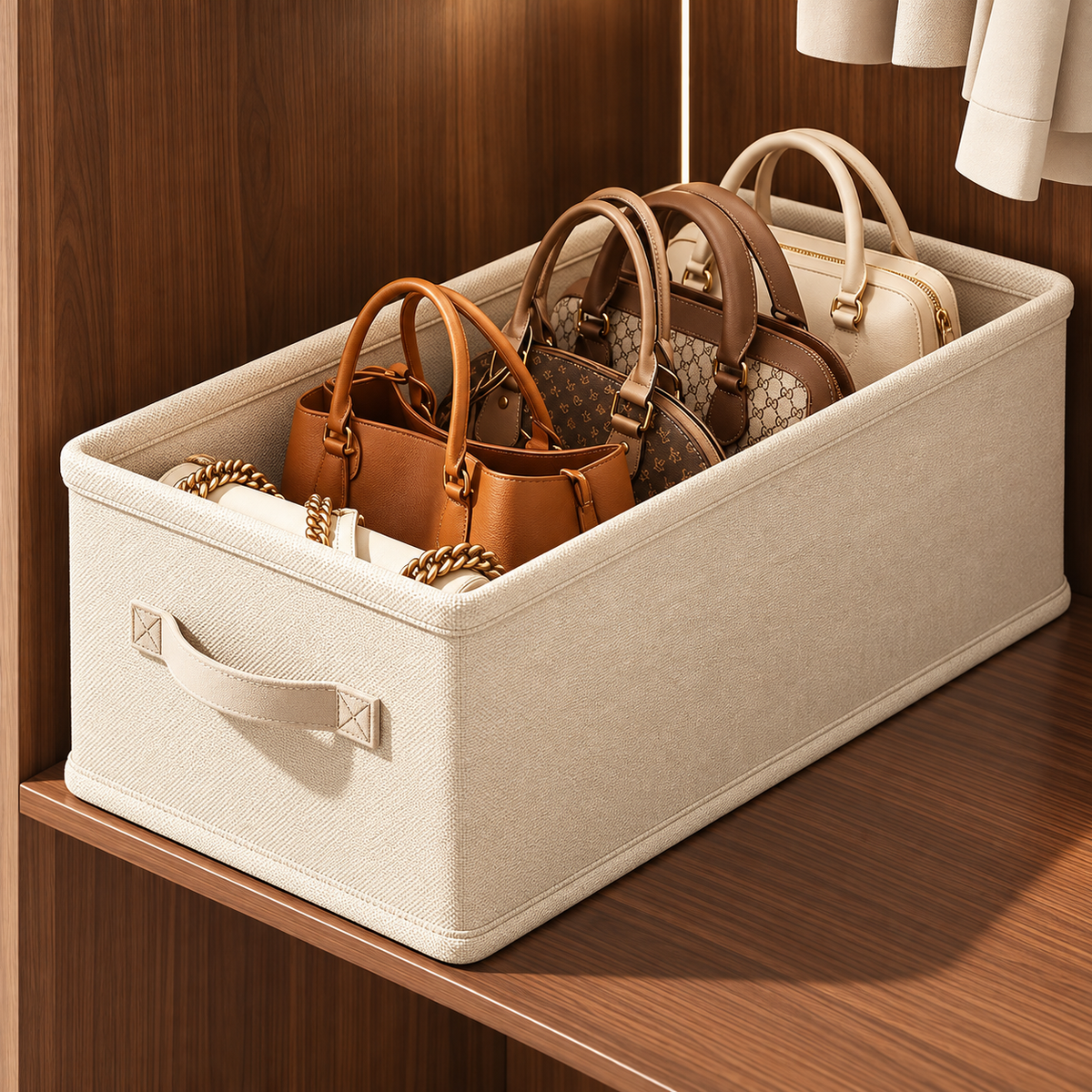 Handbag storage organizer box in beige with handbags neatly arranged on a wooden wardrobe shelf