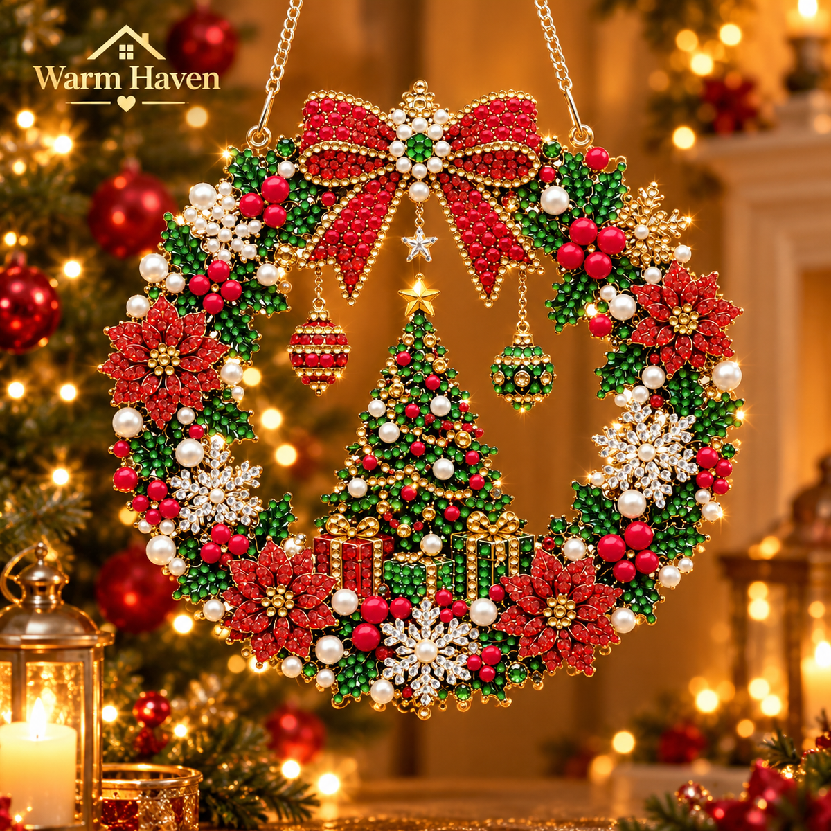 Diamond Painting Christmas Wreath with a red and gold festive design