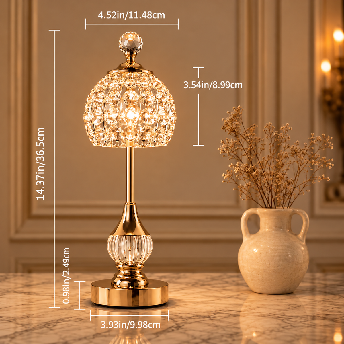 Gold cordless crystal table lamps product details showing its decorative design and LED lighting
