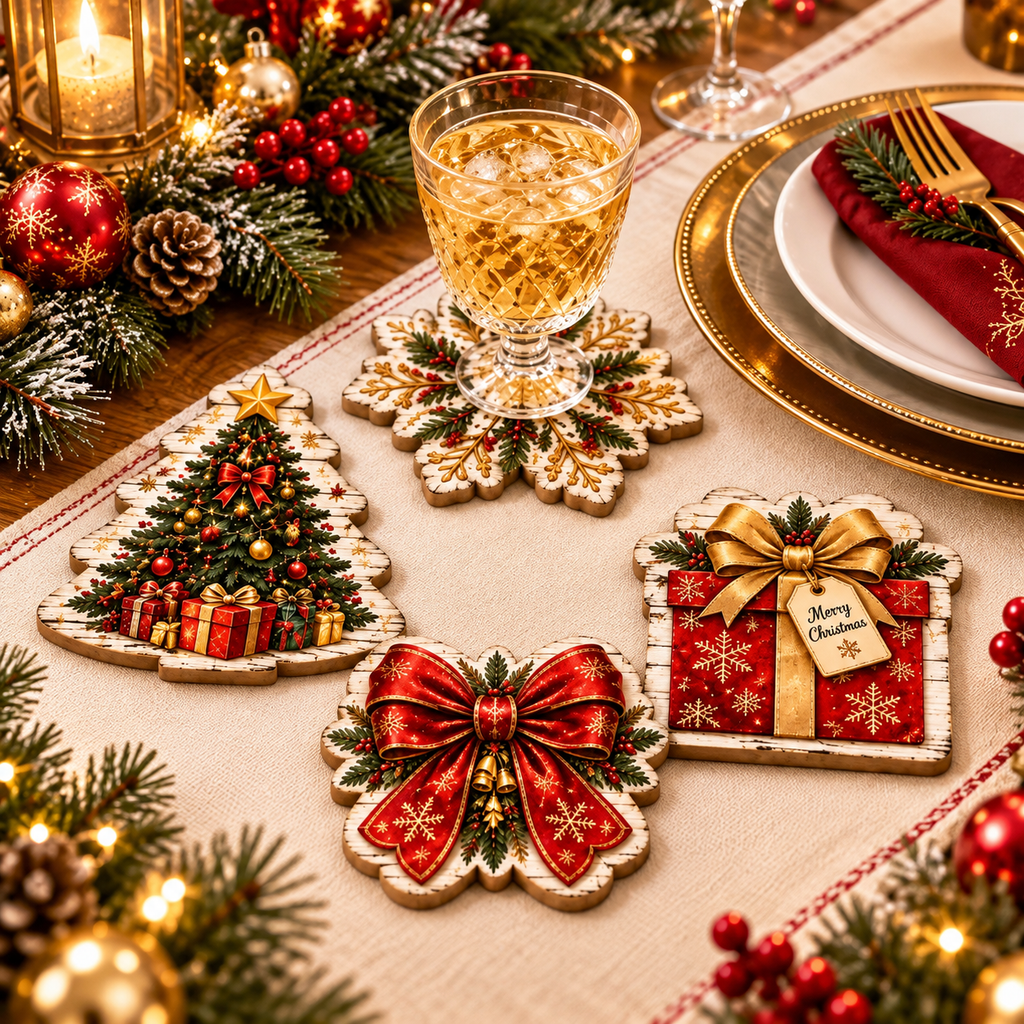 Wooden Christmas coasters set of four arranged on a festive table with Christmas decorations and warm holiday accents.