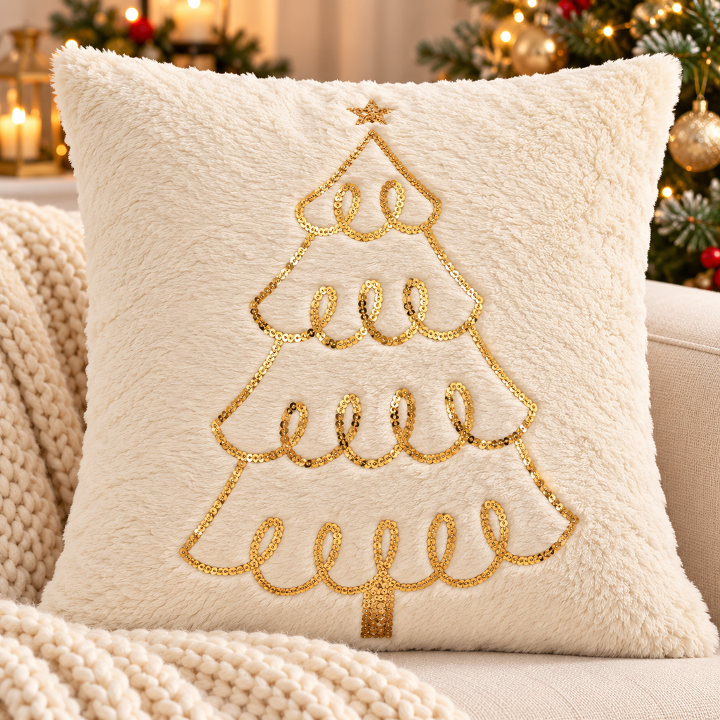 Christmas faux fur pillow cover featuring a gold embroidered Christmas tree