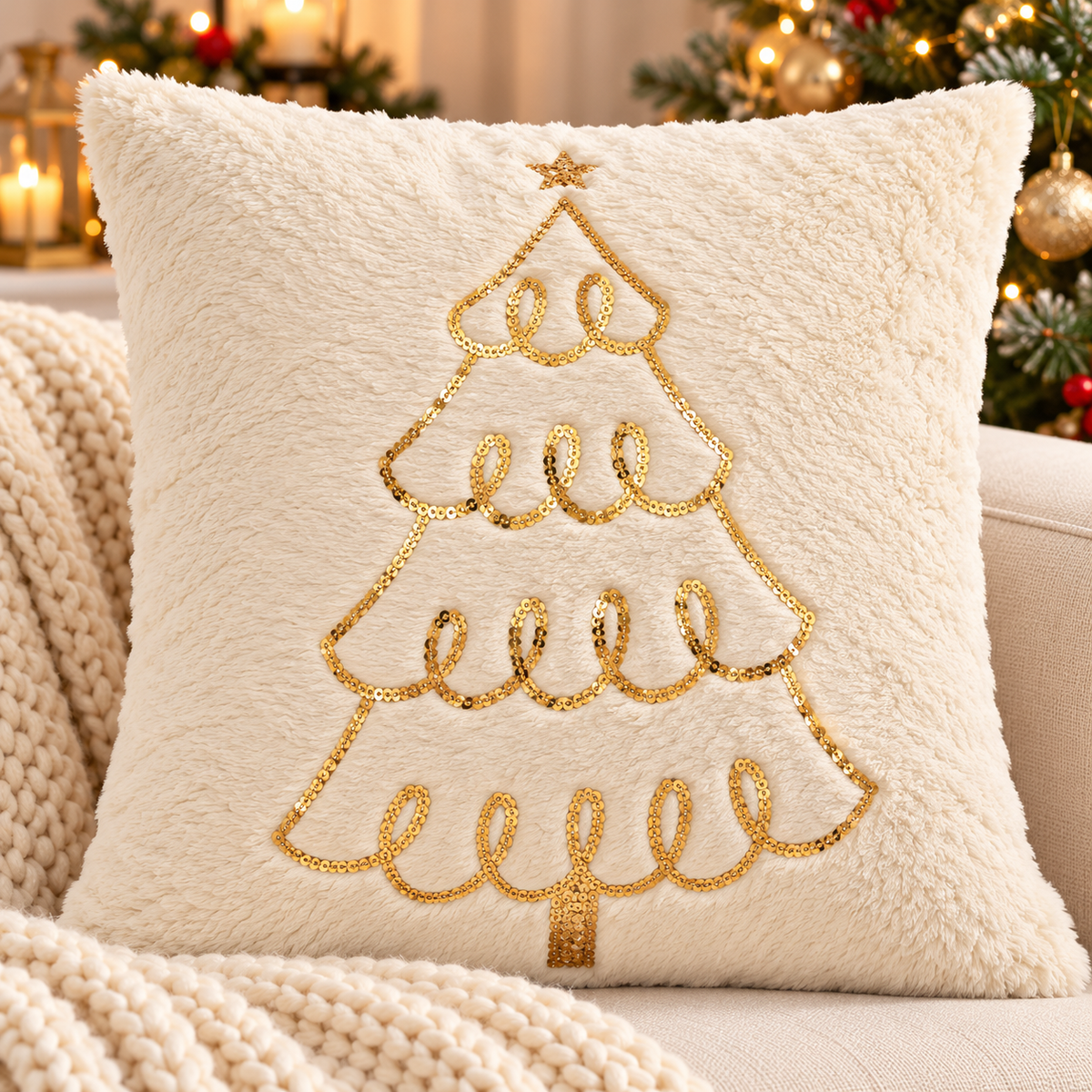 Christmas faux fur pillow cover featuring a gold embroidered Christmas tree