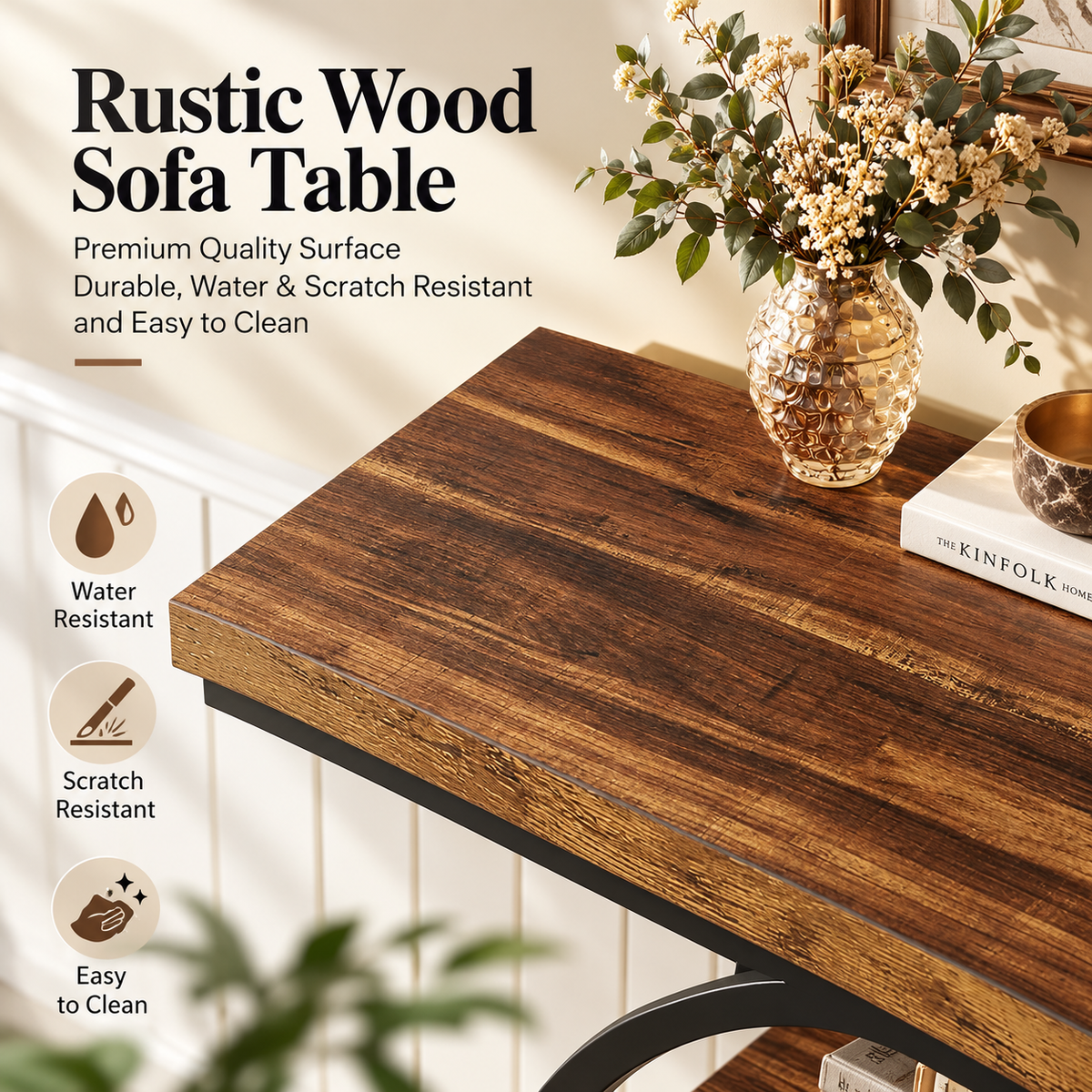 Industrial console table product dimensions and design details on an informational image