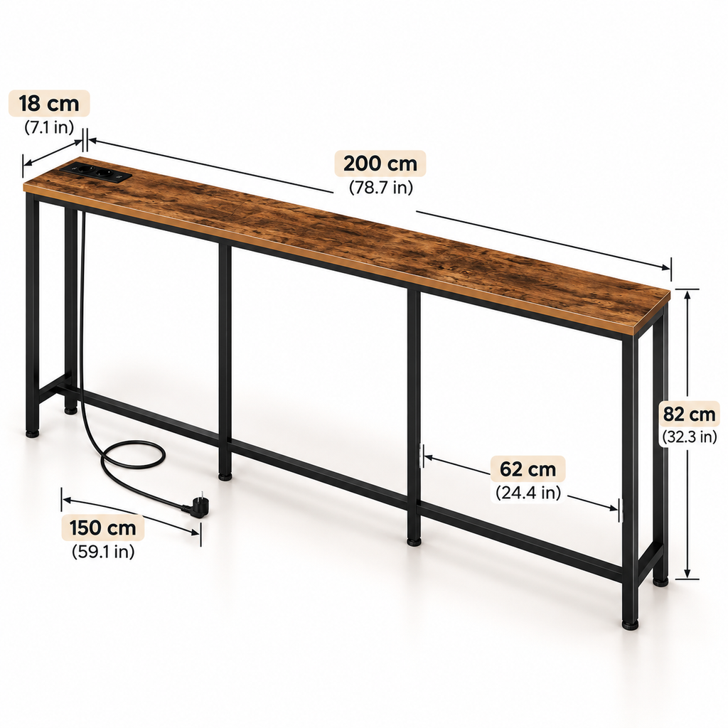 200cm console table with charging station, rustic wood tabletop and black metal frame