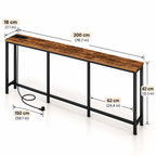200cm console table with charging station, rustic wood tabletop and black metal frame