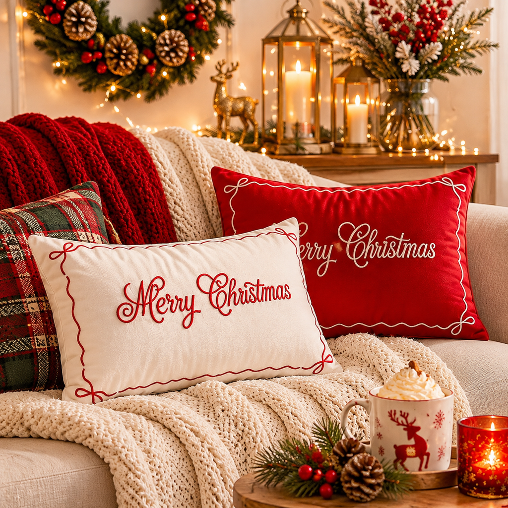 Christmas pillow covers in red and white with embroidered Merry Christmas lettering, styled on a cosy sofa.