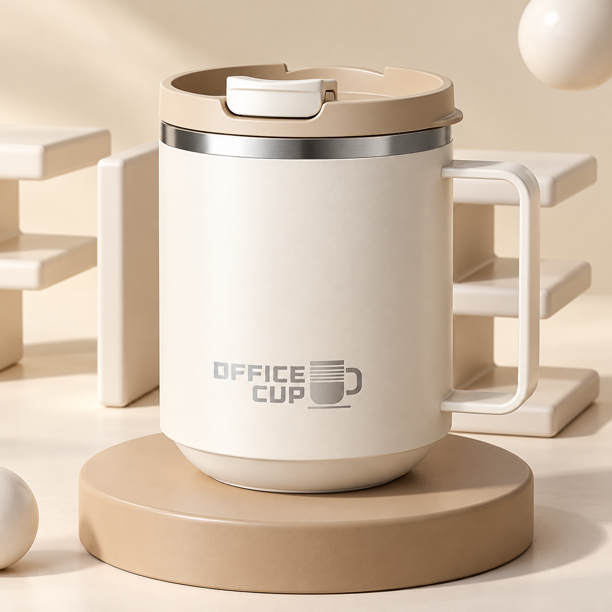 Stainless steel thermal coffee mug displayed on a wooden coaster