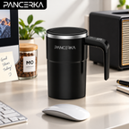 self-stirring coffee mug in black with lid and digital temperature display in a modern workspace