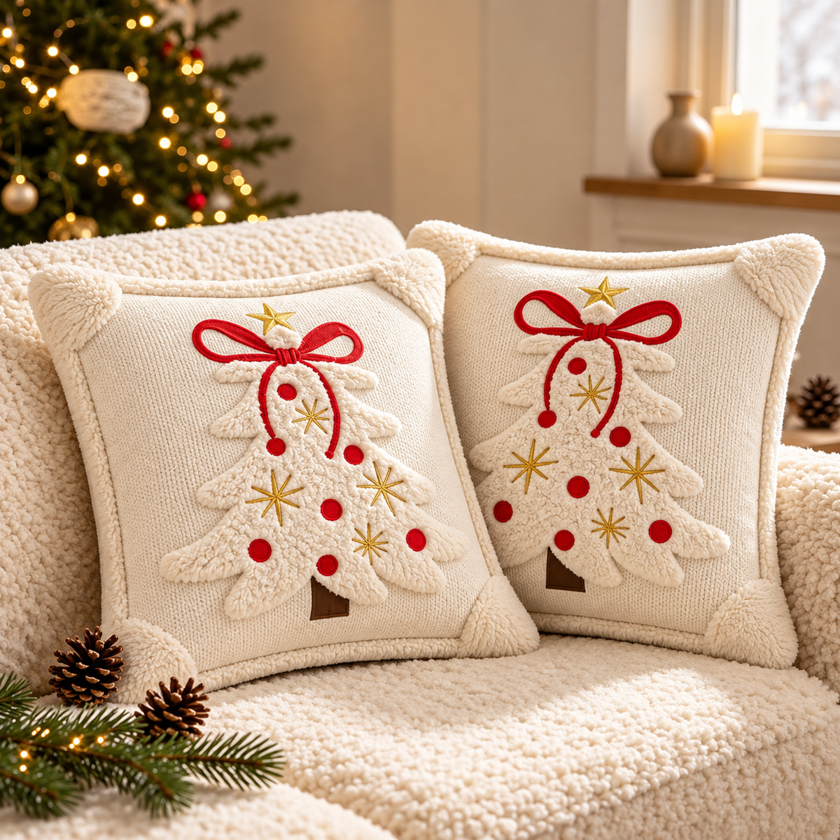 Embroidered Christmas pillow covers in cream with decorative Christmas trees, red bows and gold star details.