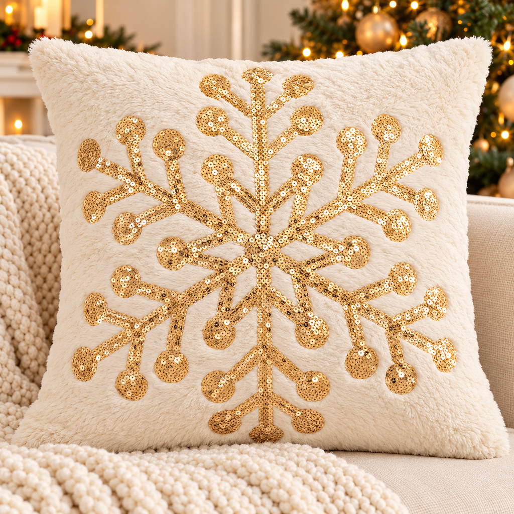 Christmas faux fur pillow cover with an elegant gold embroidered snowflake design