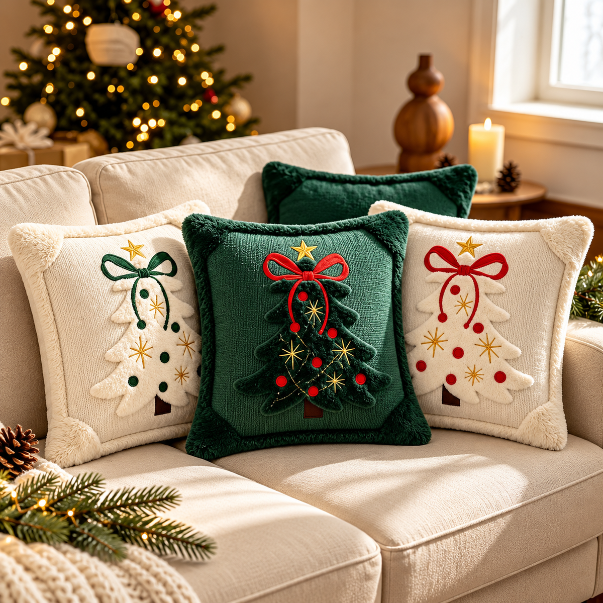 Embroidered Christmas pillow covers in cream and green arranged together on a beige sofa with cozy holiday decorations.