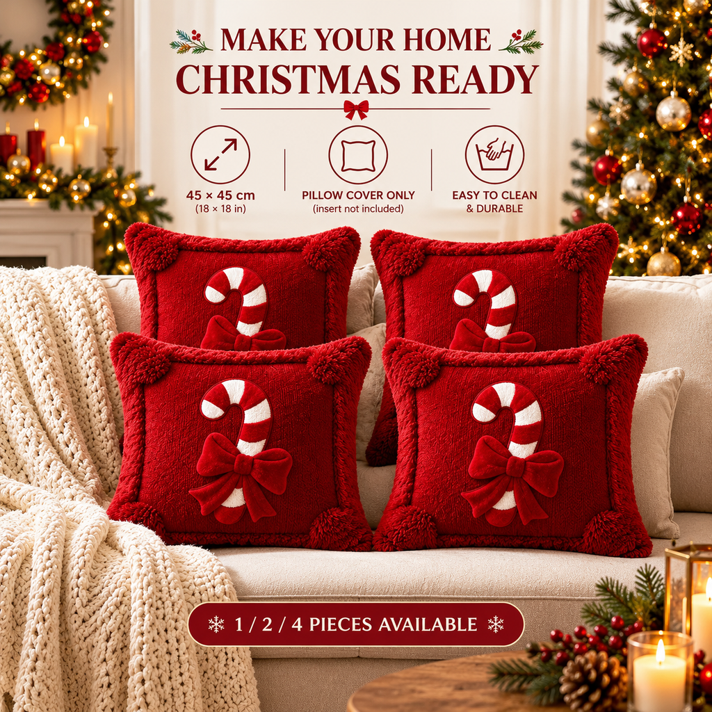 Red Christmas candy cane pillow cover with decorative white candy cane design and bows