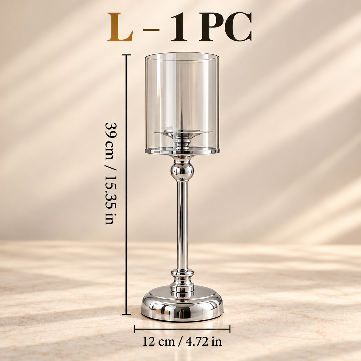Single gold glass pillar candle holders with a tall clear glass shade and elegant metal base