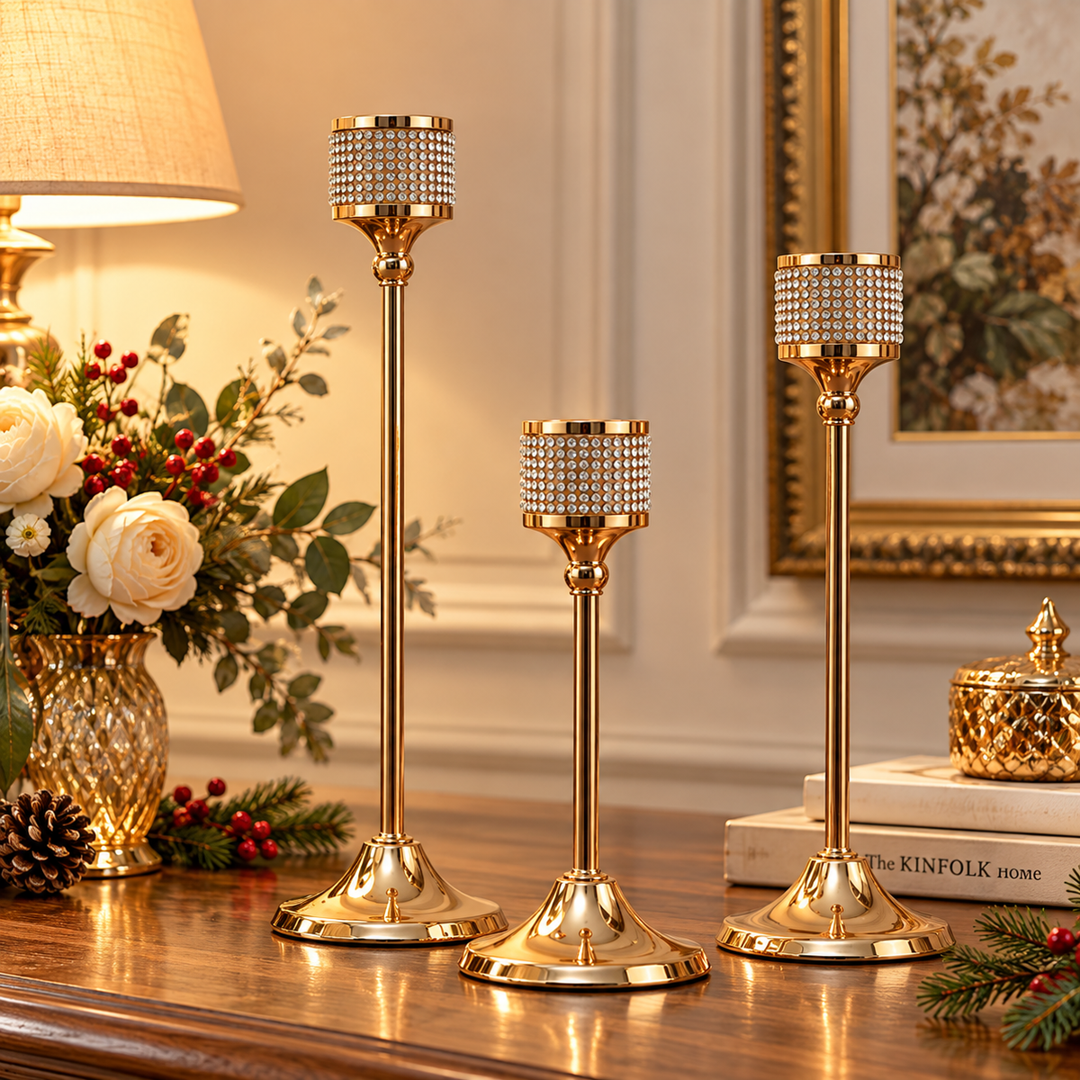 3-piece gold candle holder set styled on an elegant wooden console with floral decor