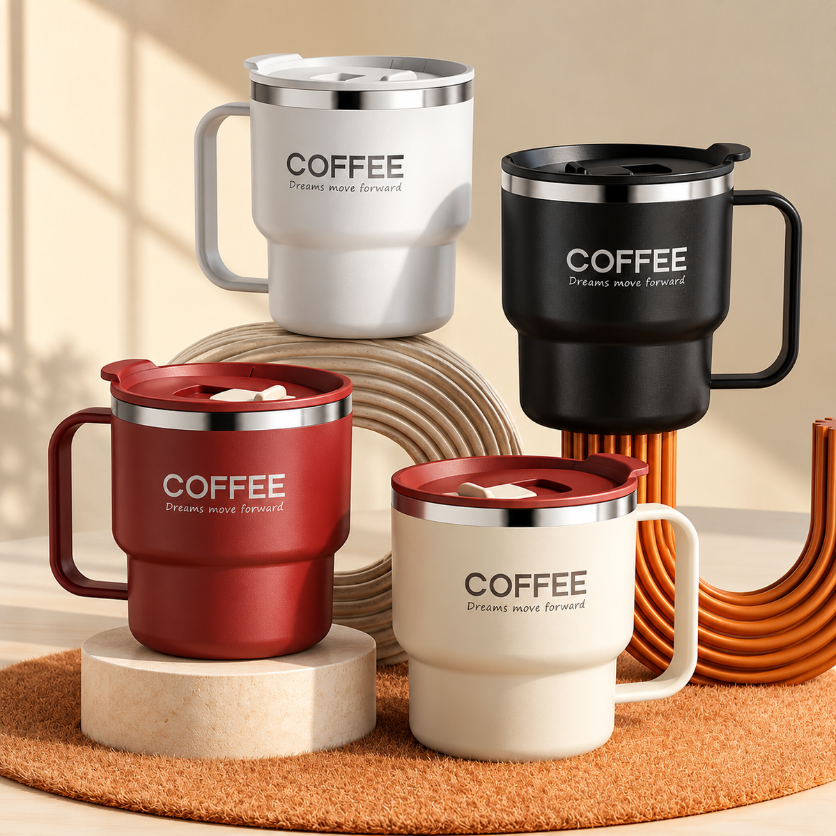 Insulated Coffee Mug with Lid & Handle – Stainless Steel in four stylish colors arranged on decorative pedestals