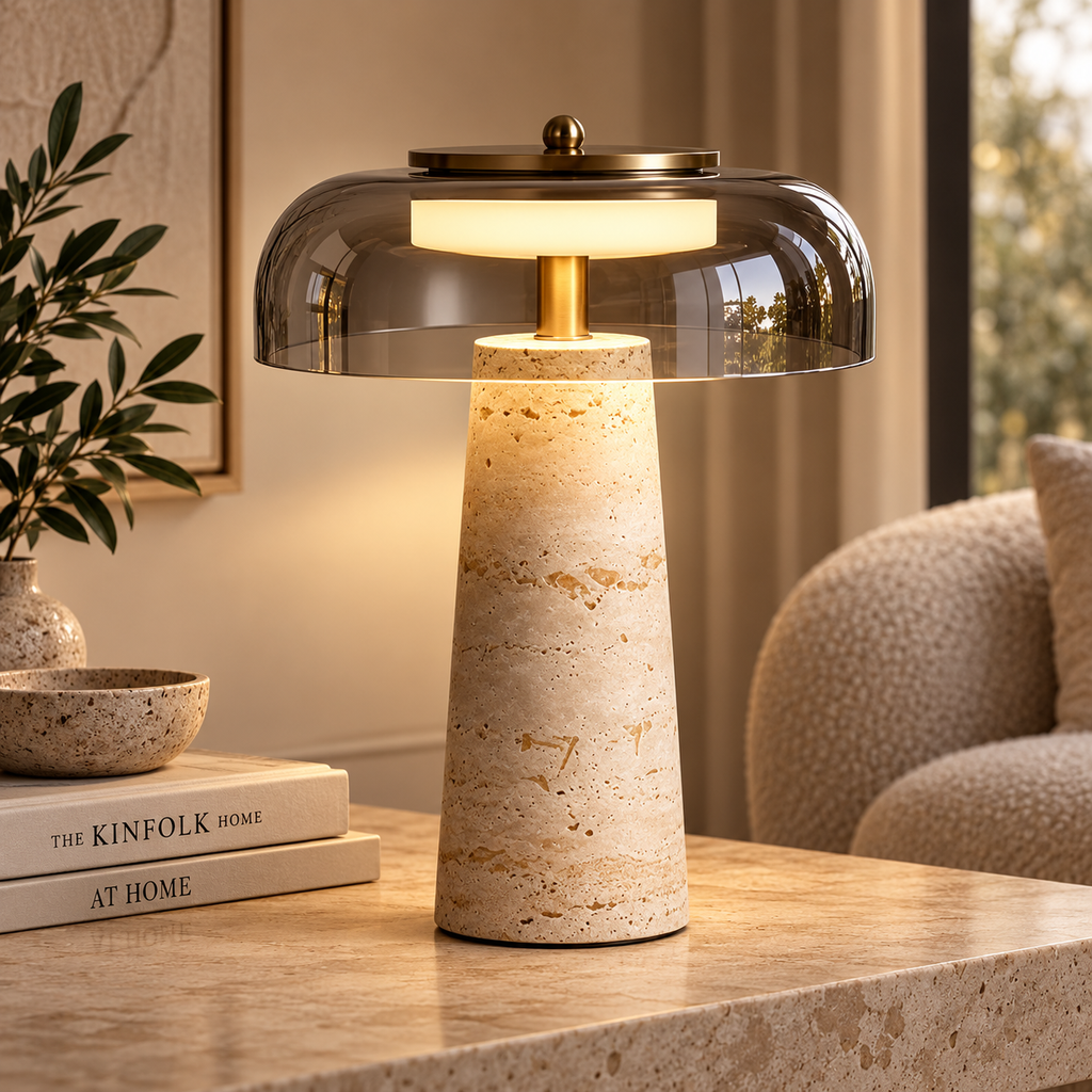 A modern table lamp with a textured beige travertine stone base, a gold-finished stem, and a clear glass dome shade, shown lit on a matching stone tabletop in a warm, styled interior setting.