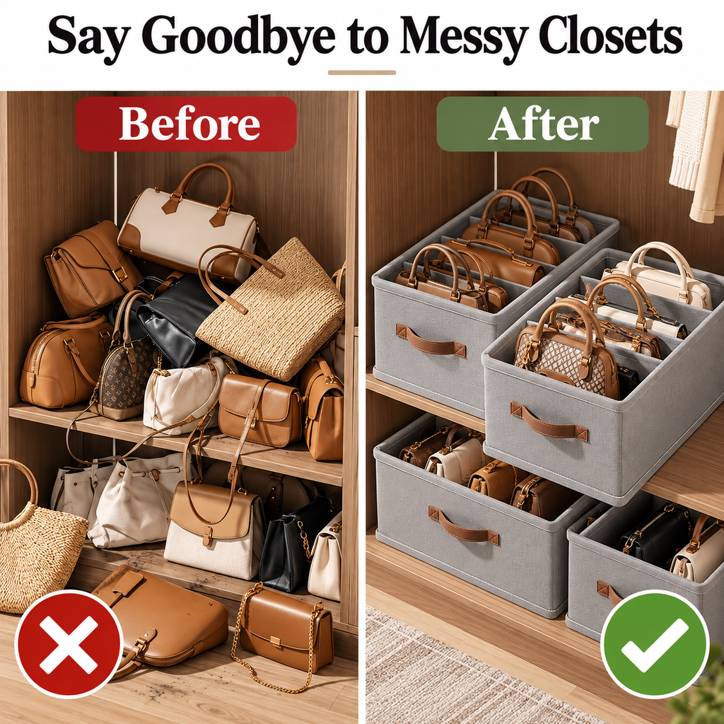 Handbag storage organizer box in beige without dividers for spacious handbag storage