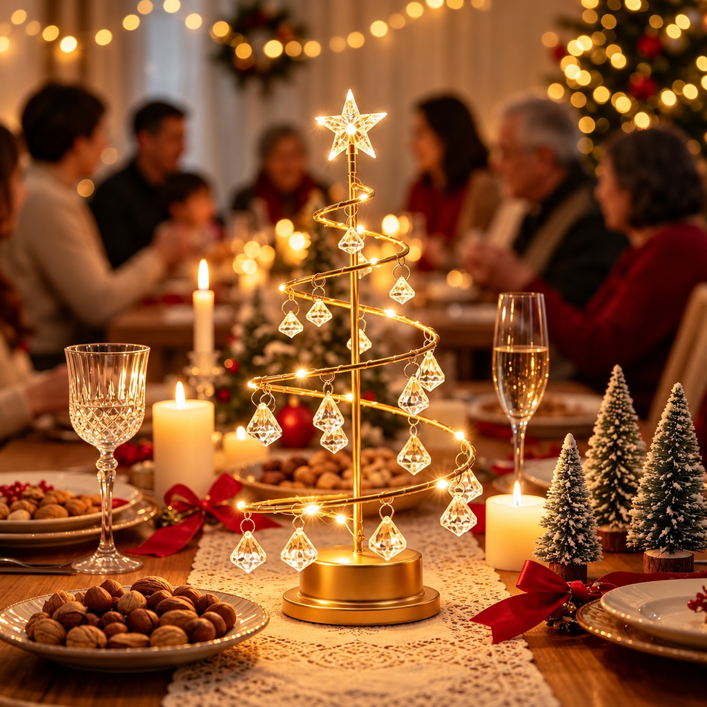 Gold crystal Christmas tree lamp glowing on a Christmas dinner table with candles and festive table decorations
