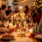 Gold crystal Christmas tree lamp glowing on a Christmas dinner table with candles and festive table decorations