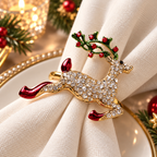 Christmas napkin rings with a decorative gold reindeer design and festive embellishments.