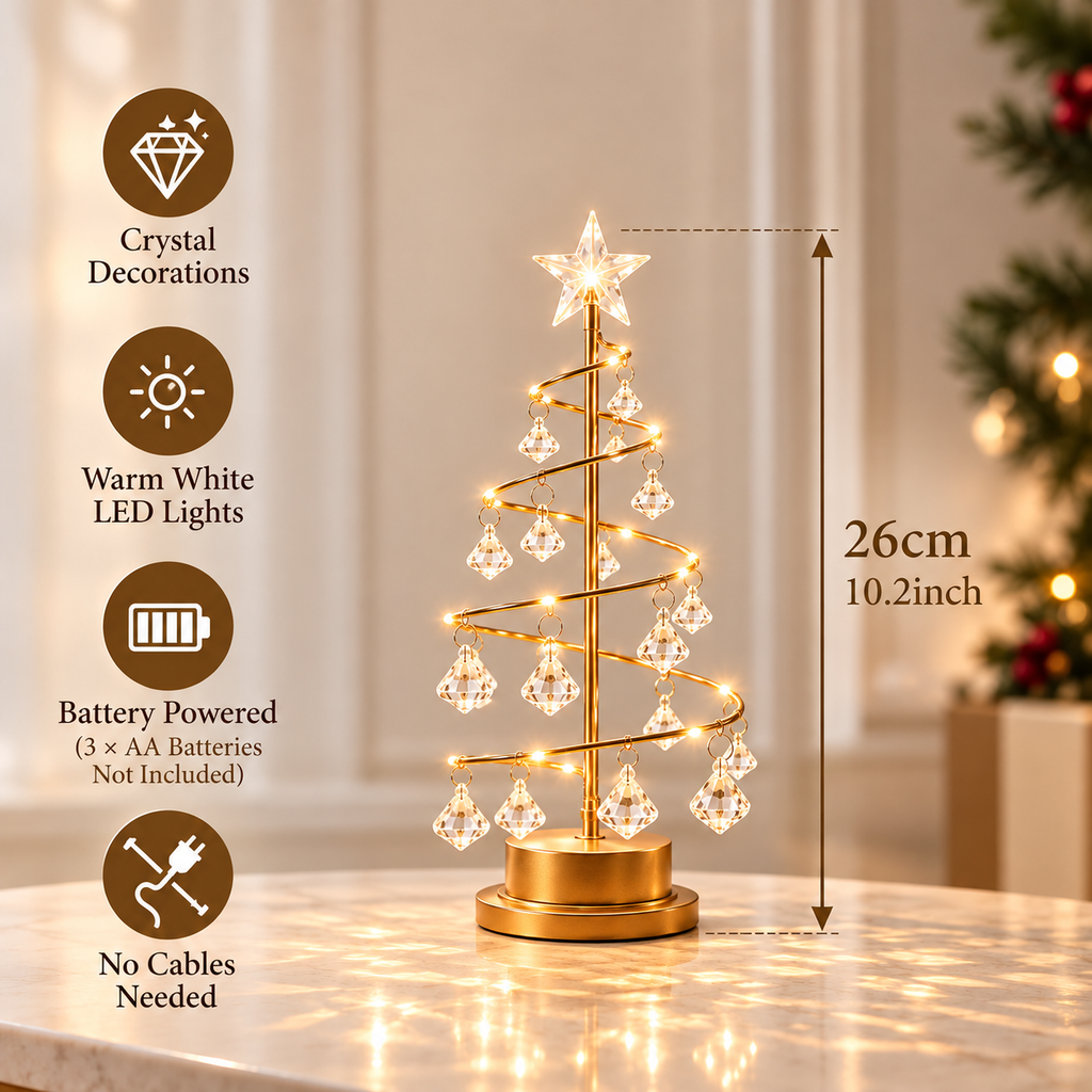 Gold crystal Christmas tree lamp product features and dimensions showing a 31 cm height, warm white LED lights and battery power