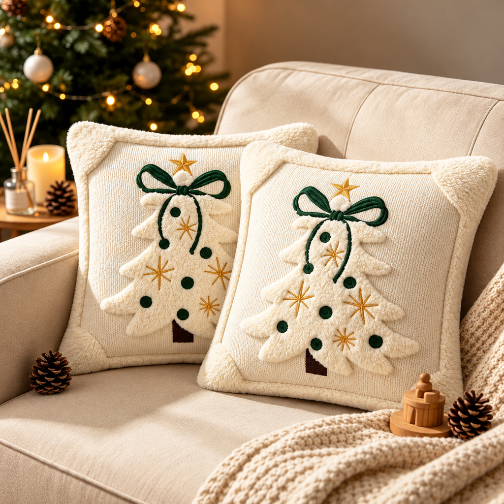 Embroidered Christmas pillow covers with white Christmas tree patterns and red bows styled on a festive sofa.
