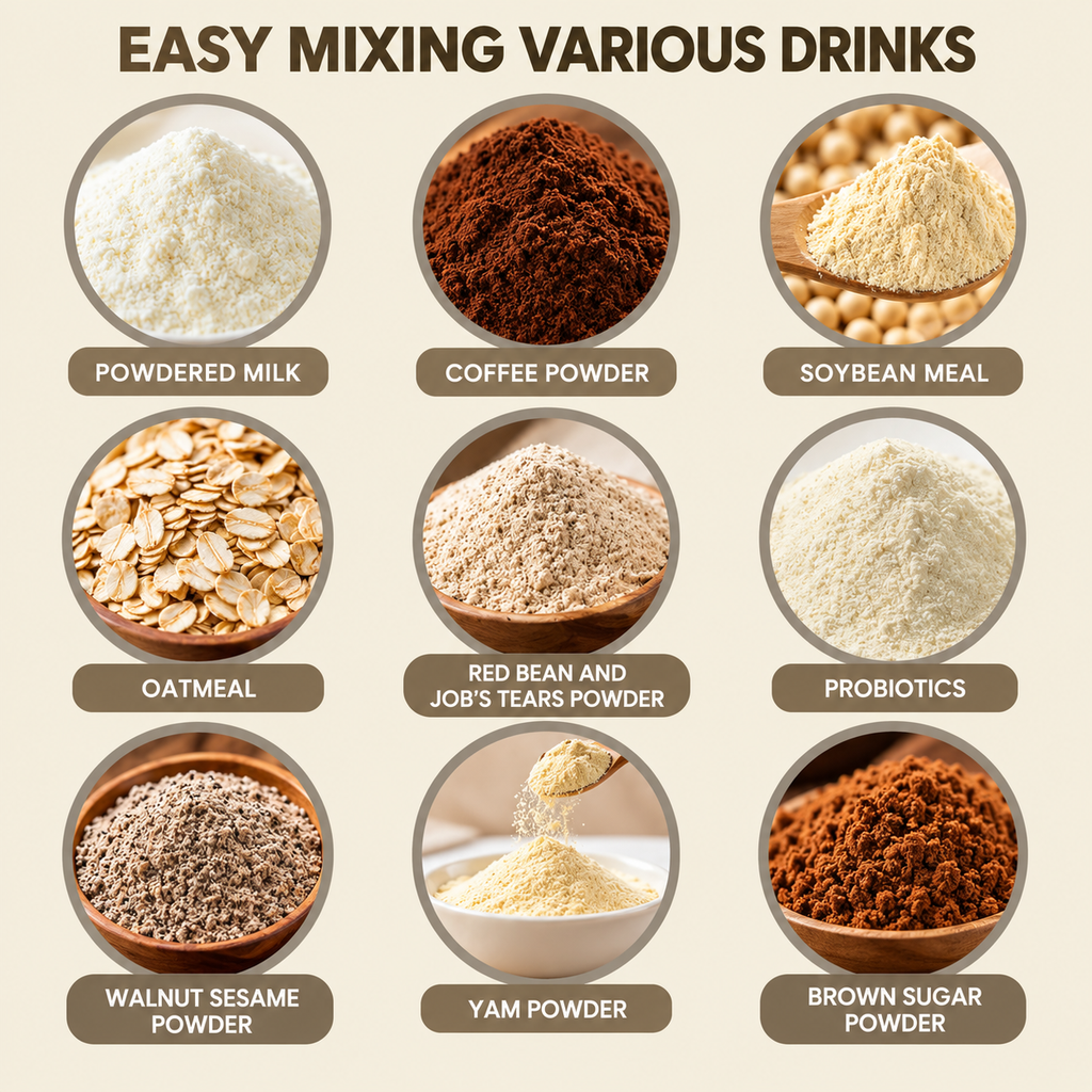 self-stirring coffee mug showing different drinks and powders suitable for automatic mixing