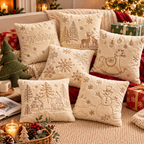 Christmas Faux Rabbit Fur Pillow Cover close-up showing Merry embroidery and tiny snowflake details
