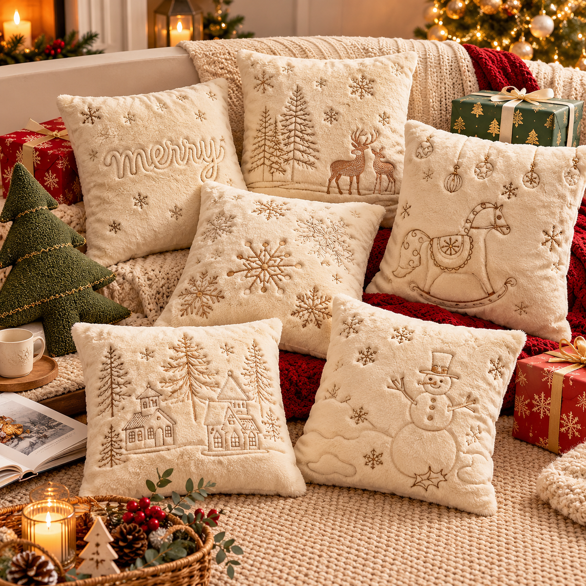 Christmas Faux Rabbit Fur Pillow Cover close-up showing Merry embroidery and tiny snowflake details