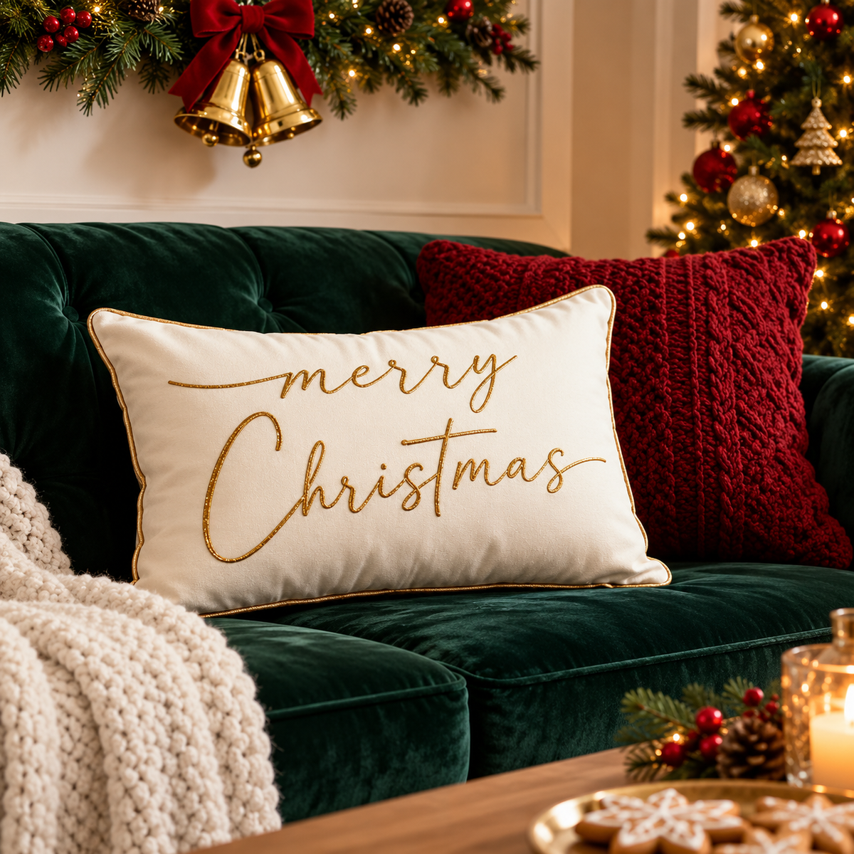 Merry Christmas Cushion Cover displayed on a cosy sofa