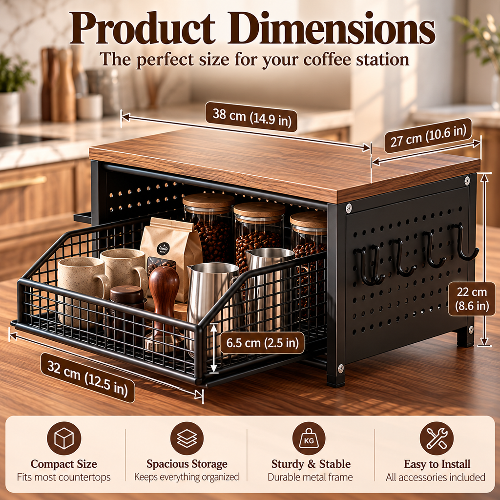 2-tier kitchen countertop organizer with pull-out basket styled with a coffee maker in a modern kitchen